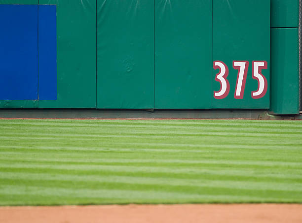 Outfield Dimension A marker on the outfield wall of a baseball stadium indicates a dimension. outfield stock pictures, royalty-free photos & images