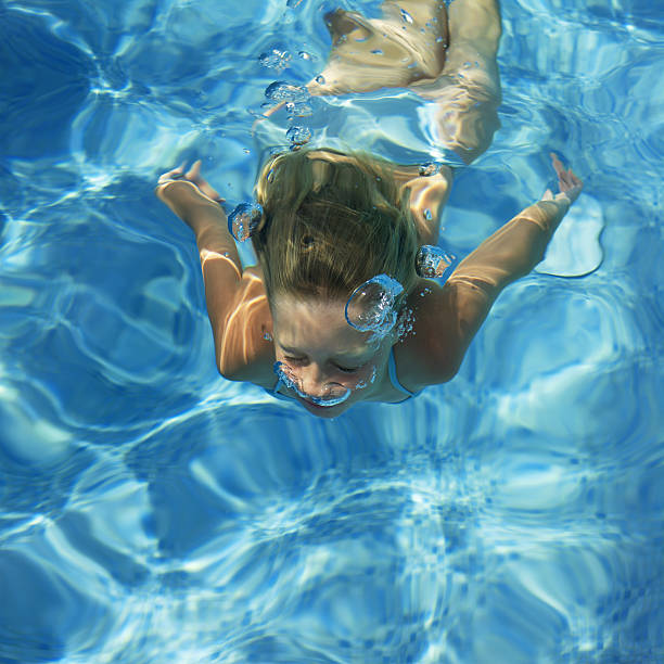 Underwater shot of girl walking in pool