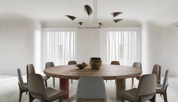 istock Large modern style of dining room , wooden and marble material , daylight from window.3D illustration 1443218409