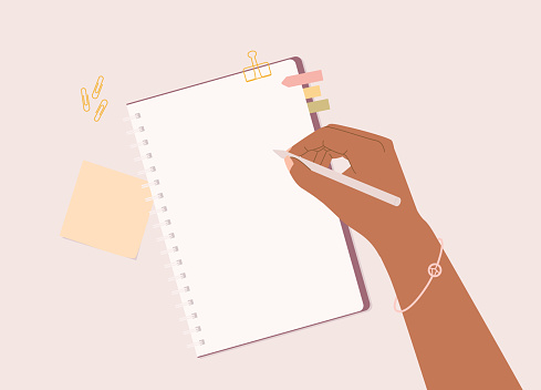 Black Female’s Hand With Pen Writing On Notebook With Blank Empty White Page. Isolated On Color Background.