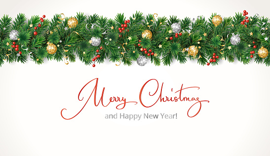 Christmas banner with Merry Christmas text and pine tree garland isolated on white. Red holly berry. Gold and silver ornaments. Vector border decoration for holiday headers, posters, cards, promotions