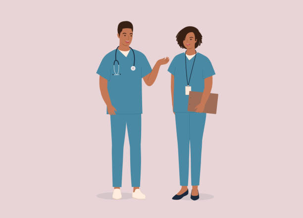 ilustrações de stock, clip art, desenhos animados e ícones de black male doctor in medical scrubs talking with a female nurse. - full length clipboard african ethnicity black