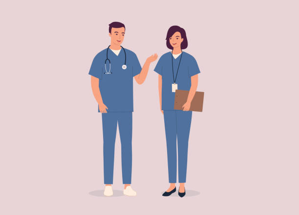 ilustraciones, imágenes clip art, dibujos animados e iconos de stock de médico en batas médicas hablando con una enfermera. - enfermera