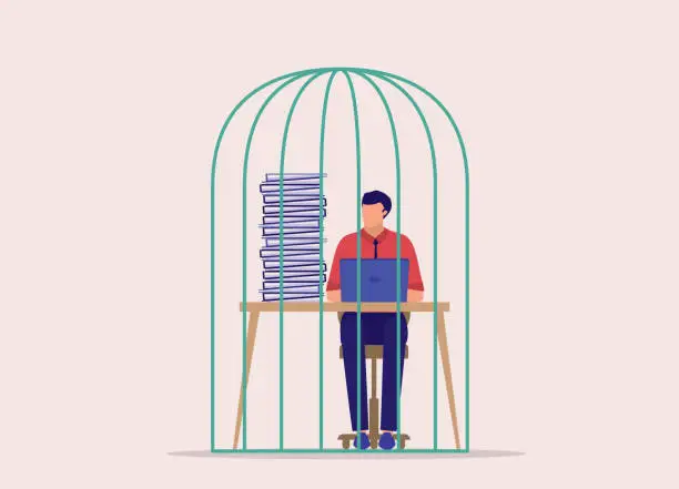 Vector illustration of Corporate Slave Concept. Stressful Male Employee Overloaded With Work While Trapped Inside The Cage.