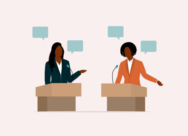 Black Women Politician Debating With One Another. Two Black Women Politician Standing At A Podium Debating With One Another. Isolated On Color Background. governor stock illustrations