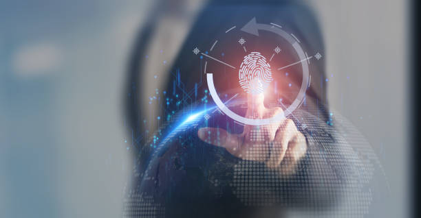 istock Fingerprint scanning, biometric authentication, cybersecurity and fingerprint password, future technology and cybernetic.  E-kyc (electronic know your customer), technology against digital cyber crime 1443218991