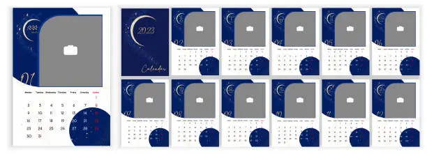 Vector illustration of Astrology Wall Monthly Calendar 2023. Vertical photo calendar Layout for 2023 year in English with zodiac signs, star, moon on blue sky. Cover Calendar, 12 months templates. Vertical data grids. Vector illustration