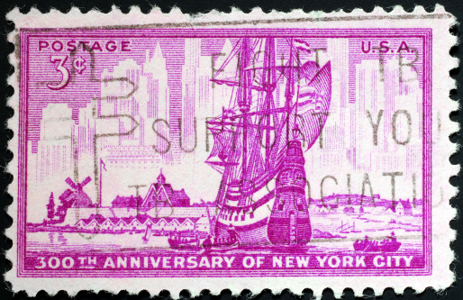 This stamp was issued in 1953 to commemorate the tercentenary of New York City.  Pictured on the stamp are ships in the New Amsterdam harbor, and  the \