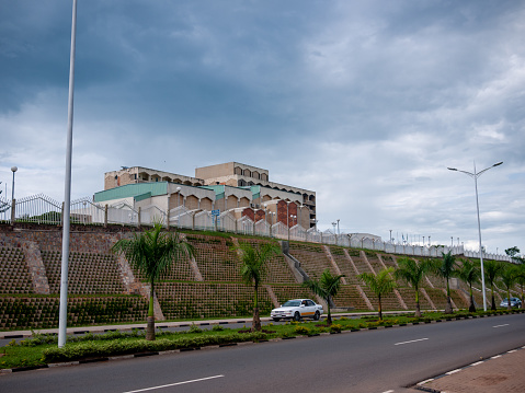 Kigali, Rwanda - April, 2013: the parliament of Rwanda. the bullet marks express the cruelty of Genocide in 1994.