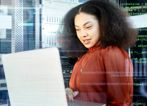 istock Data overlay, black woman with laptop in server room and future of digital software in cloud computing career. Computer coding language, working with machine learning technology and analytics growth 1443221000