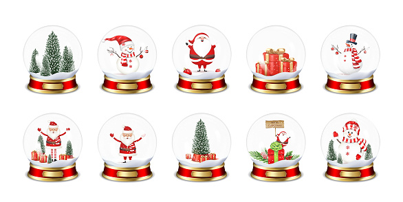 Set of transparent Snow Globes with Santa Claus, Snowman, snow, fir trees, gifts, isolated on white background.