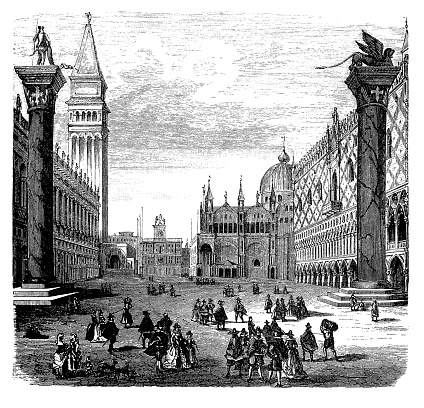 Middle ages Venice with Palazzo Ducale and St. March church and belfry