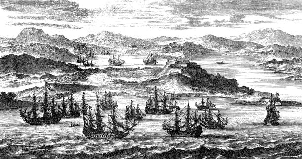 스페인 보물 함대가 대서양을 건너 서인도 제도로 출발 - galleon stock illustrations