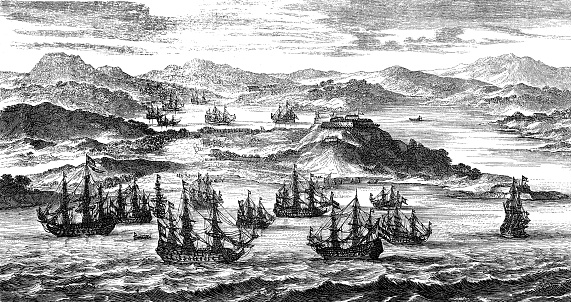 Departure of the Spanish treasure fleet to West Indies across the Atlantic ocean