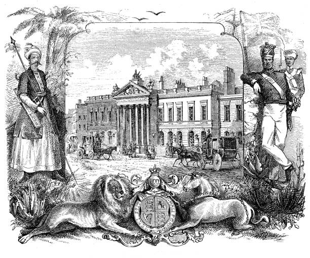 Alllegorical typographical representation of the East India House, the London headquarters of the East India Company in 18th century