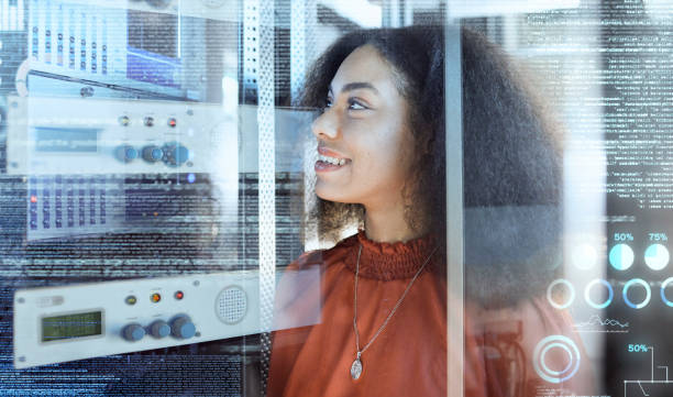 istock Overlay, data center and black woman doing maintenance in a server room for information technology, cybersecurity and network. Happy It technician at motherboard working on future technology software 1443224363