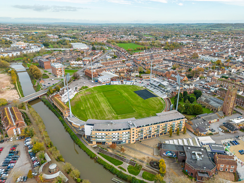 Taunton, UK. Saturday 19 November 2022. Aerial view over County Cricket Ground in Taunton