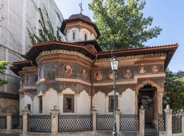 istock Stavropoleos Monastery (also Church) is Eastern Orthodox monastery for nuns built in unique Brancovenesc style which is synthesis between Byzantine, Ottoman, and late Renaissance, Bucharest, Romania 1443224470