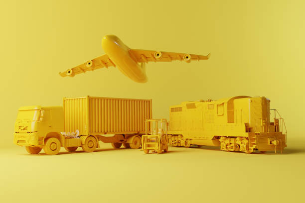 istock A forklift truck, a truck, plane and train on a solid background. 1443224992