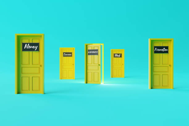 istock Many doors with different inscriptions like work, money, promotion and the open door of happiness. 1443225016