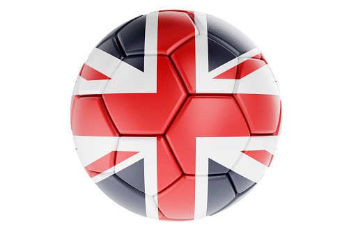 Soccer ball or football ball with British flag, 3D rendering isolated on white background