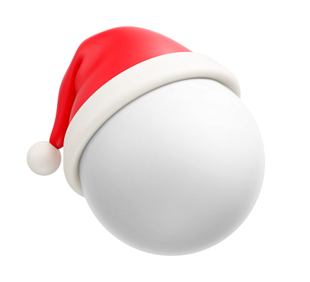Red cartoon Santa Claus Christmas hat on simple white ball isolated on white background. Template for your design and presentation. Merry Christmas and Happy New Year concept. Vector illustration