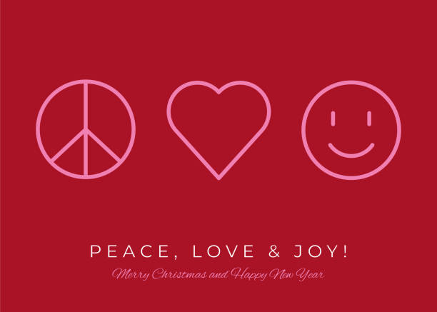 happy holiday designvorlage mit symbolen für frieden, liebe und freude. - peace sign stock-grafiken, -clipart, -cartoons und -symbole