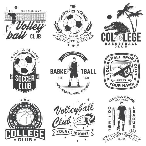 Vector illustration of Set of volleyball, basketball and soccer club badge design. Vector illustration. Vintage monochrome label, sticker, patch with basketball, volleyball, soccer players silhouettes.