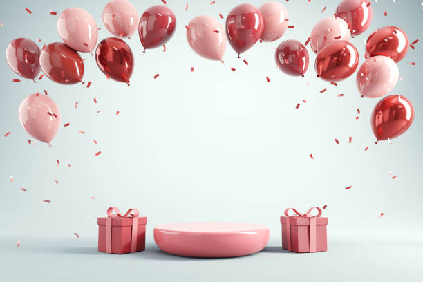 istock Podium with red balloons with gift box and confetti on blue background. 3d rendering, Christmas, Valentine's, Birthday party, New year background. 1443230638