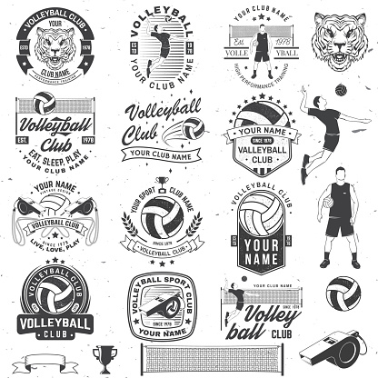 Set of volleyball club badge design. Vector illustration. For college league sport club emblem, sign, emblem. Vintage monochrome label, sticker, patch with volleyball ball, player, net and referee whistle silhouettes
