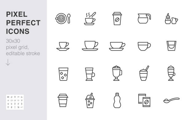 ilustraciones, imágenes clip art, dibujos animados e iconos de stock de conjunto de iconos de línea de menú de café. cappuccino, cuchara, taza, bebida caliente, comida para llevar, moka, regular, macchiatto ilustración vectorial mínima. señal de esquema simple para cafetería. 30x30 píxeles perfecto, trazo editable - coffee cafe latté cup