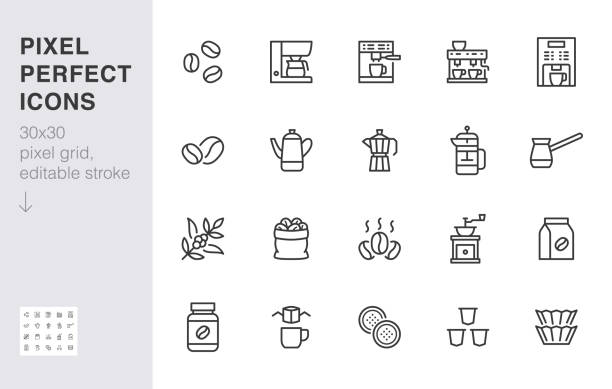 kumpulan ikon garis pembuatan kopi. drip bag, moka, pod, kapsul, arab, ketel, french press, ilustrasi vektor minimal kacang. tanda garis besar sederhana untuk pembuat kopi. 30x30 piksel sempurna, goresan yang dapat diedit - mesin pembuat kopi ilustrasi stok