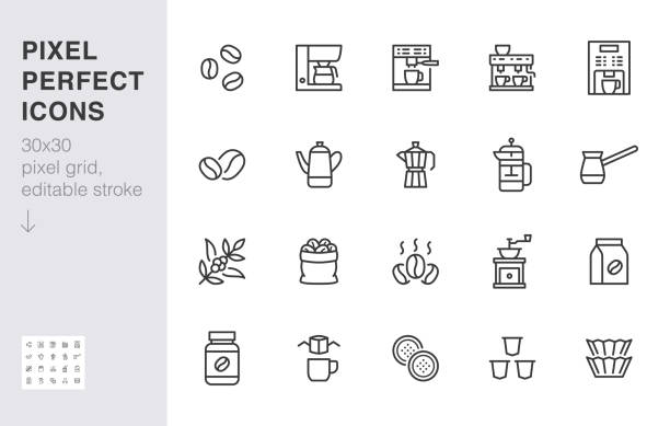Coffee making line icon set. Drip bag, moka, pod, capsule, arabian, kettle, french press, bean minimal vector illustration. Simple outline sign for coffeemaker. 30x30 Pixel Perfect, Editable Stroke Coffee making line icon set. Drip bag, moka pod, capsule, arabian, kettle, french press, bean minimal vector illustration. Simple outline sign for coffeemaker. 30x30 Pixel Perfect, Editable Stroke. coffee filter stock illustrations