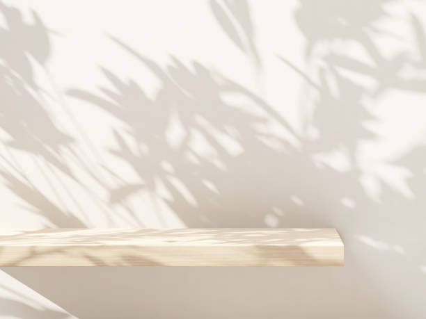 istock Minimal wooden shelf with dappled light and tree leaf shadow on outdoor cream white wall 1443230949