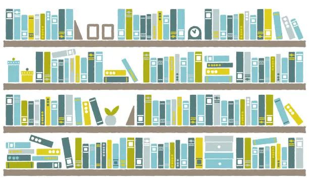 Vector illustration of A lot of books lined up on a large bookshelf, cute blue color scheme