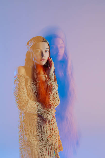 istock Image of woman against blue background with multi exposure artistic effect. 1443232035