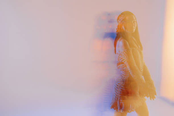 istock Image of woman against blue background with multi exposure artistic effect. 1443232074
