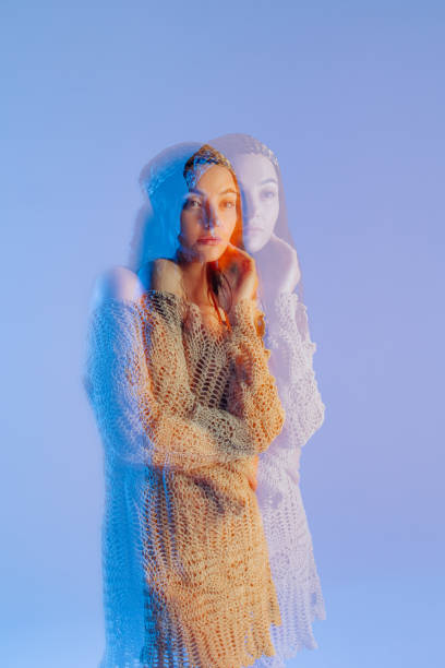 istock Image of woman against blue background with multi exposure artistic effect. 1443232137