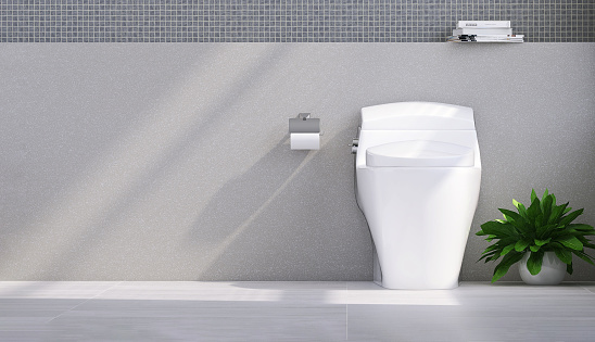 Row of toilet cubicles with open doors in a clean public restroom