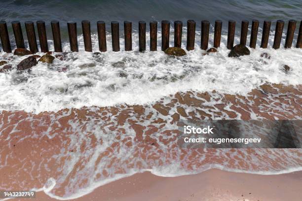 Shore Water And Wooden Breakwater Structure Baltic Sea Stock Photo - Download Image Now