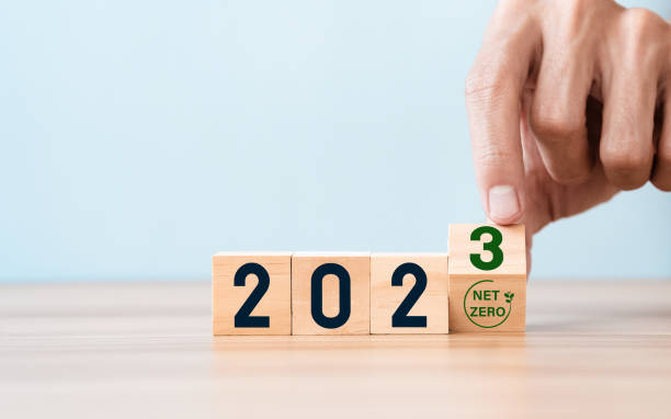 istock Hand puts wooden cubes with net zero icon in 2023 on blue sky background. in Net zero greenhouse gas emissions target and Carbon neutral in 2023 to 2050 Climate neutral long term strategy 1443234178