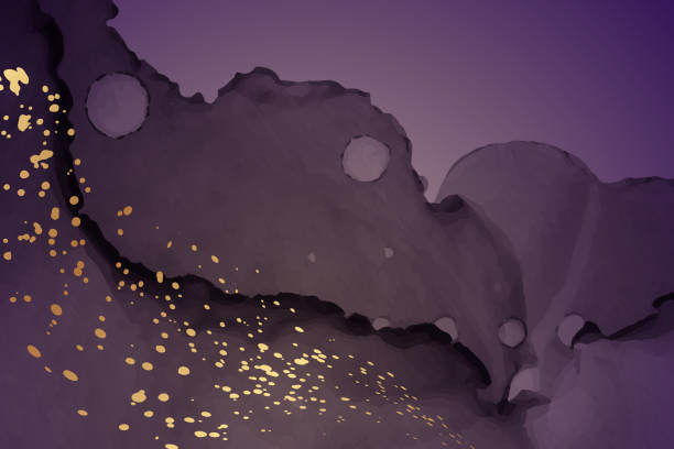 istock Watercolor background with abstract purple ink waves and golden splashes. 1443236040
