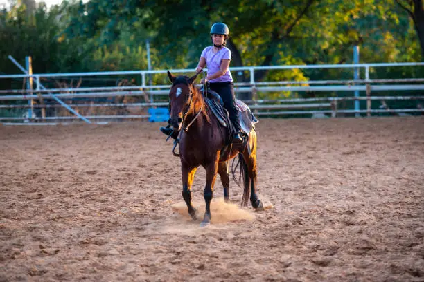 Photo of Little girl with a helmet on riding her horse.