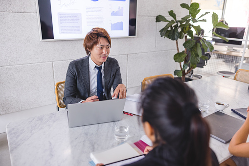 Japanese Male Manager Talking With Two Female Finance Advisors In The Office
