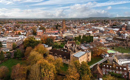 Rows of old suburban terraced houses in an English town. Warwick, UK