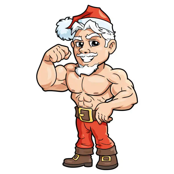 Vector illustration of Cartoon style young muscular Santa Claus posing