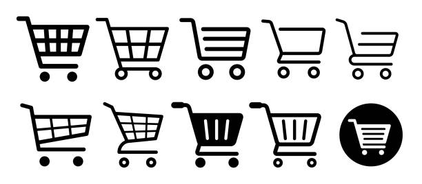 illustrations, cliparts, dessins animés et icônes de jeu d’icônes de panier, illustration de variation de bouton de commande, matériau vectoriel noir et blanc - caddie
