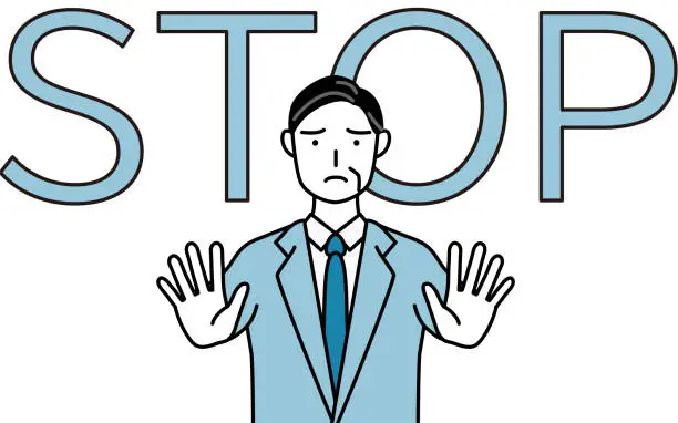 Vector illustration of Simple line drawing illustration of a Senior businessmen, executives, managers and presidents with his hand out in front of his body,signaling a stop.