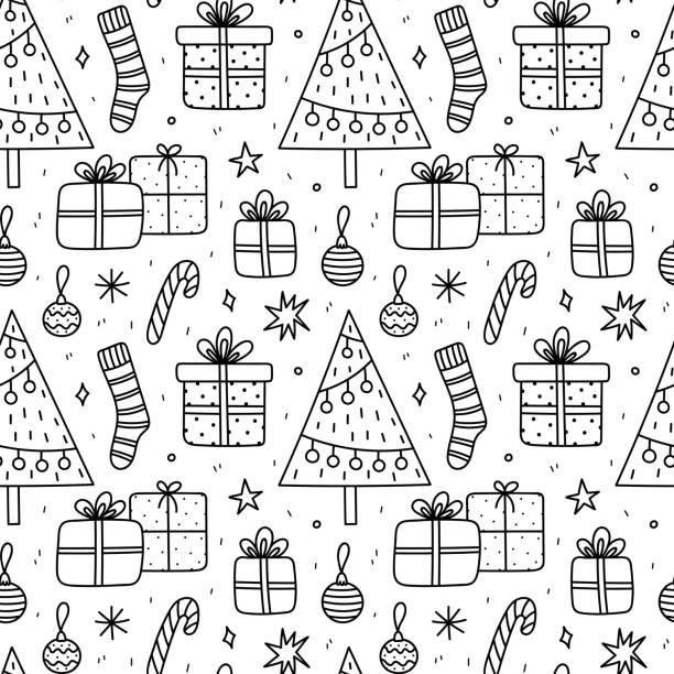 Cute xmas seamless pattern with gifts, baubles, Christmas tree, socks, candy cane, snowflakes and stars. Vector hand-drawn doodle illustration. Perfect for wrapping paper, decorations, wallpaper. Cute xmas seamless pattern with gifts, baubles, Christmas tree, socks, candy cane, snowflakes and stars. Vector hand-drawn doodle illustration. Perfect for wrapping paper, decorations, wallpaper. christmas stocking background stock illustrations