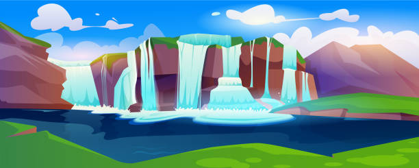 krajobraz kreskówkowy z dżungli z wodospadem - waterfall cartoon tropical rainforest vector stock illustrations